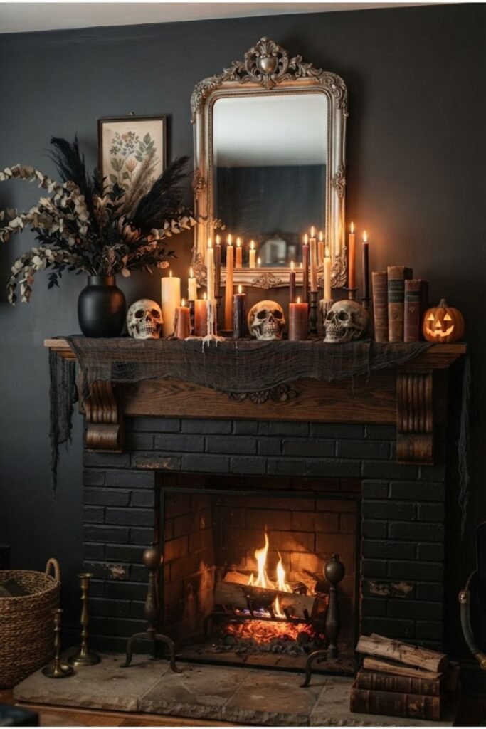 Spooky Mantel with Candles and Skulls